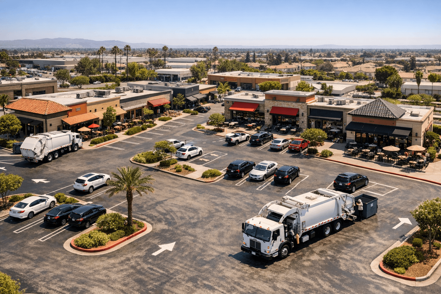Aerial view of commercial cooking oil collection trucks servicing multiple restaurant locations at a strip mall