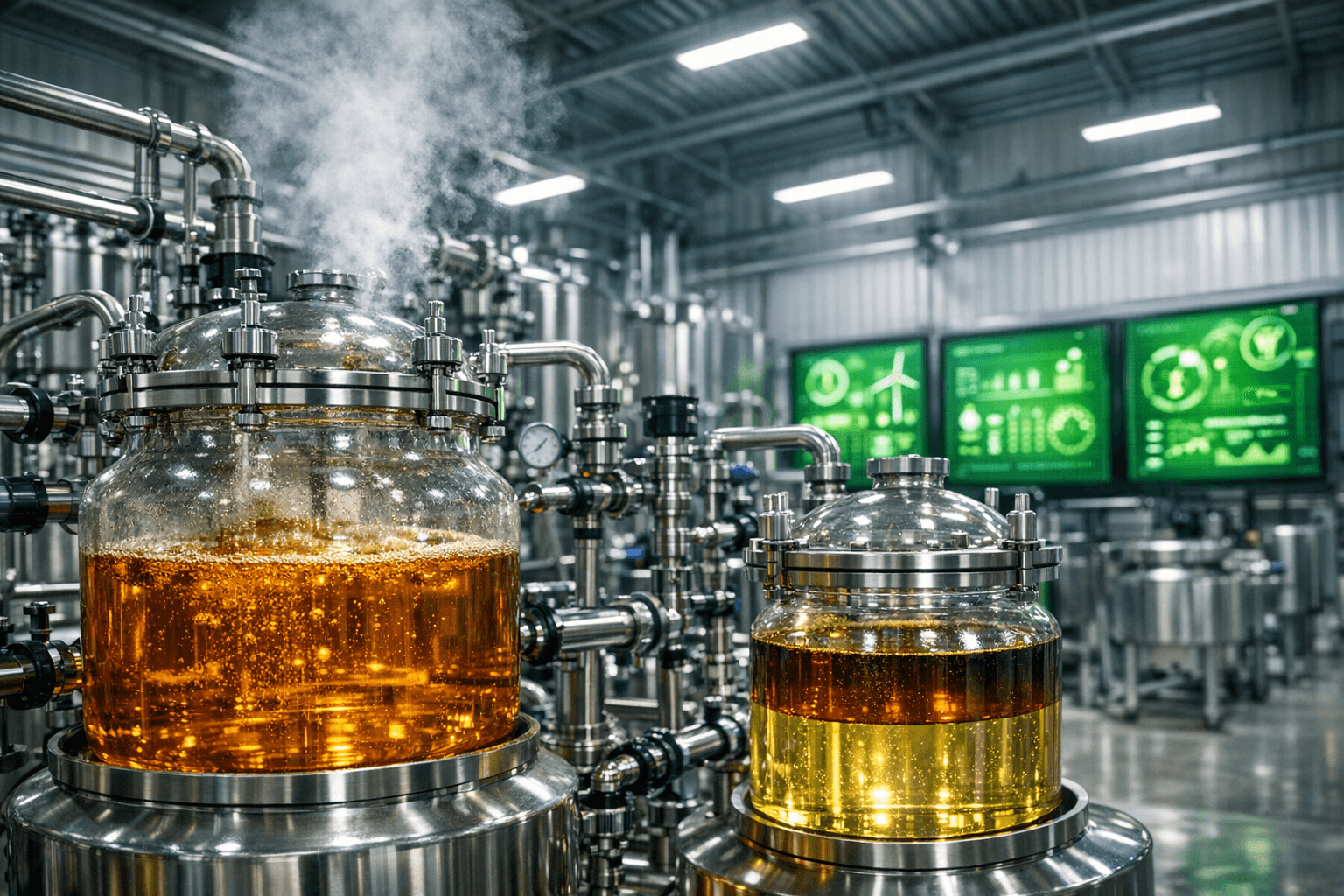 Biodiesel processing facility with golden-amber used cooking oil being refined through stainless steel equipment