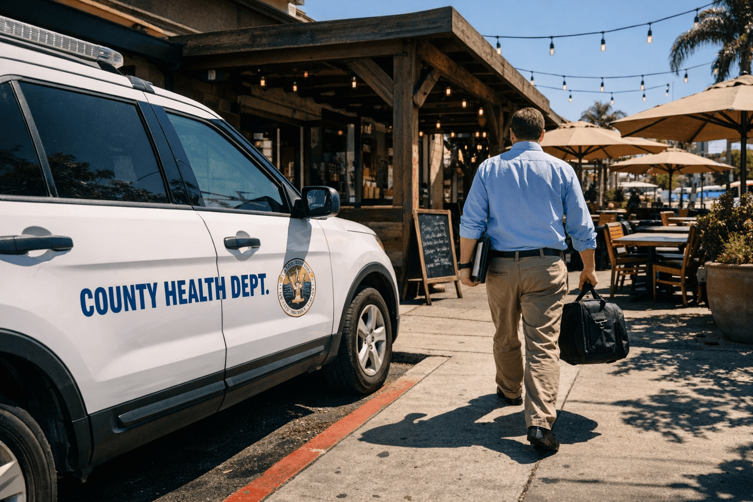 County health department inspection vehicle parked outside a Southern California restaurant