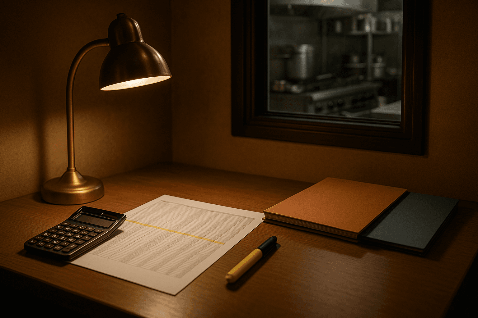 Calculator and cost comparison spreadsheets on a restaurant manager desk