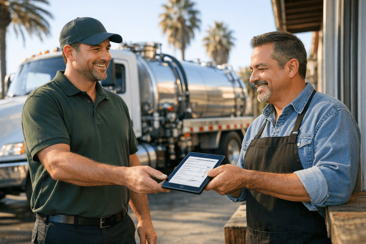 UCO collection driver handing a digital manifest to a restaurant owner at a loading dock