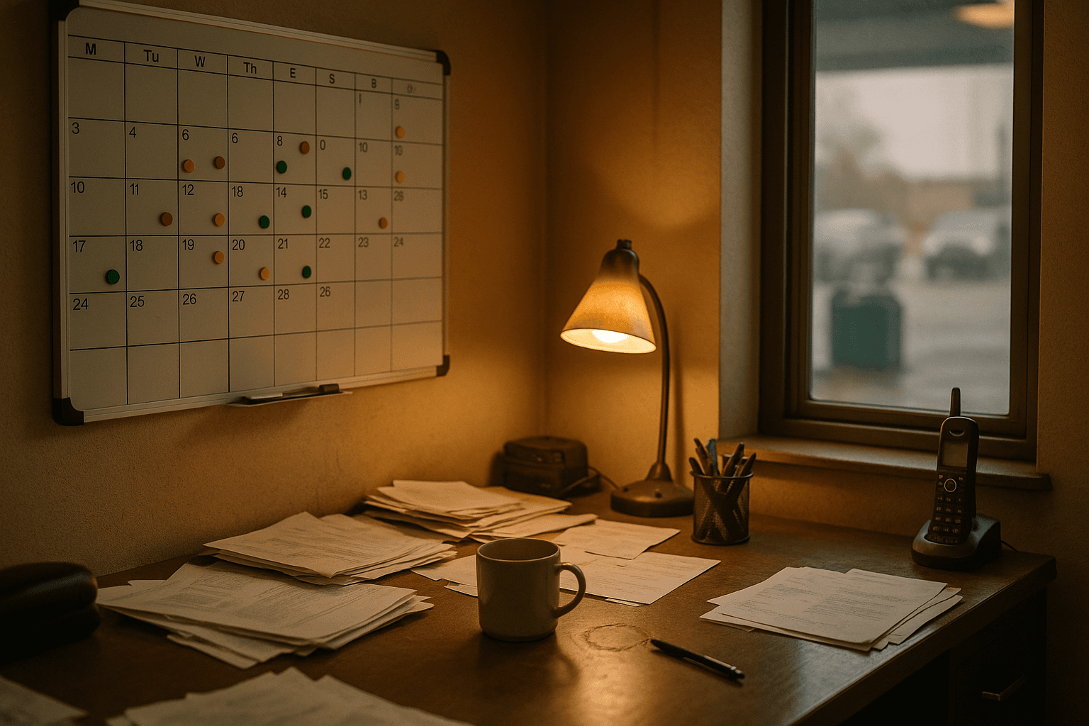 Wall-mounted calendar with colored pickup date markers in a restaurant office