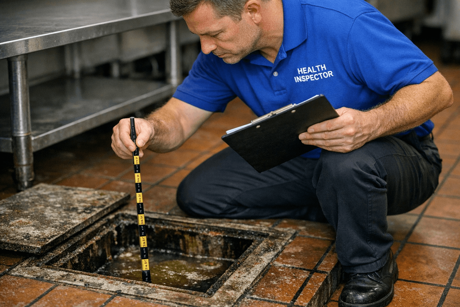 Grease trap inspection in progress at a Los Angeles County restaurant with measuring equipment