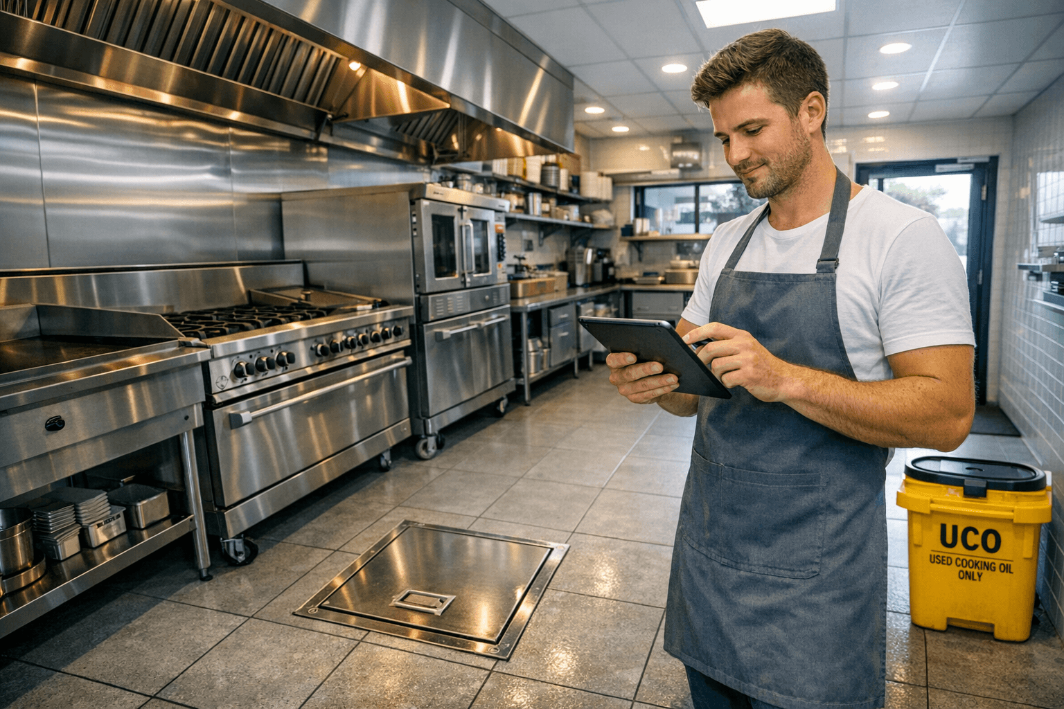 New commercial kitchen during final setup with grease trap access point and UCO container