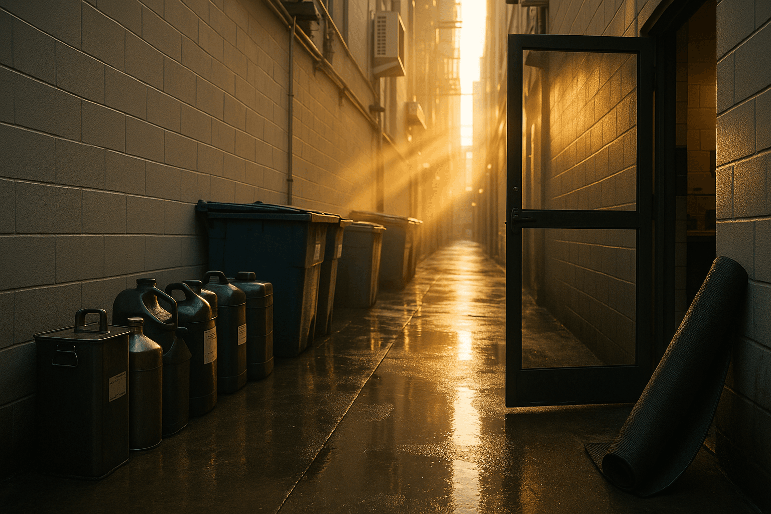 Restaurant back alley with cooking oil collection containers in morning light
