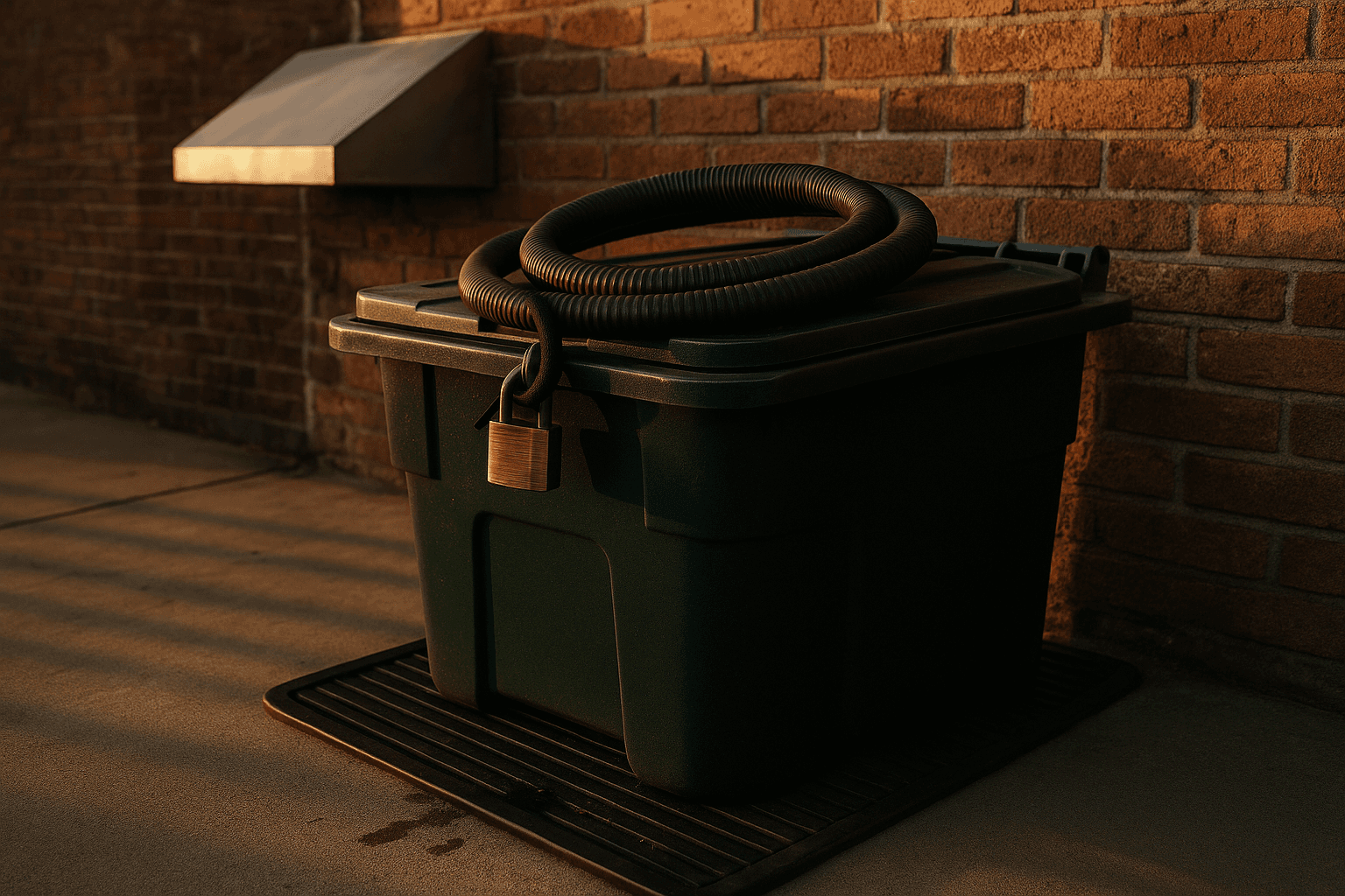 Dark green cooking oil collection container with coiled pump hose behind a restaurant