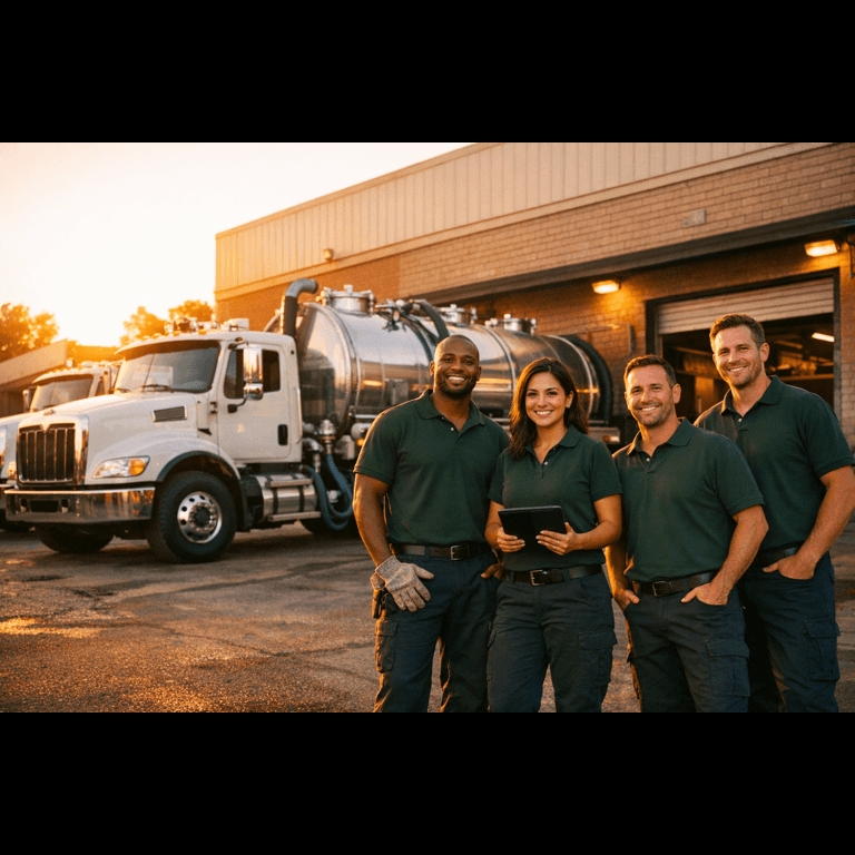 Four-person UCO collection team standing confidently in front of a pump truck and facility at golden hour