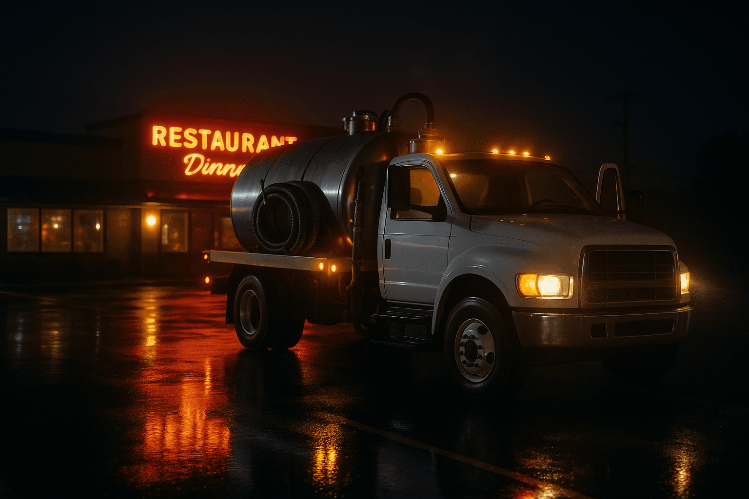Emergency grease service truck with work lights responding to a restaurant at night