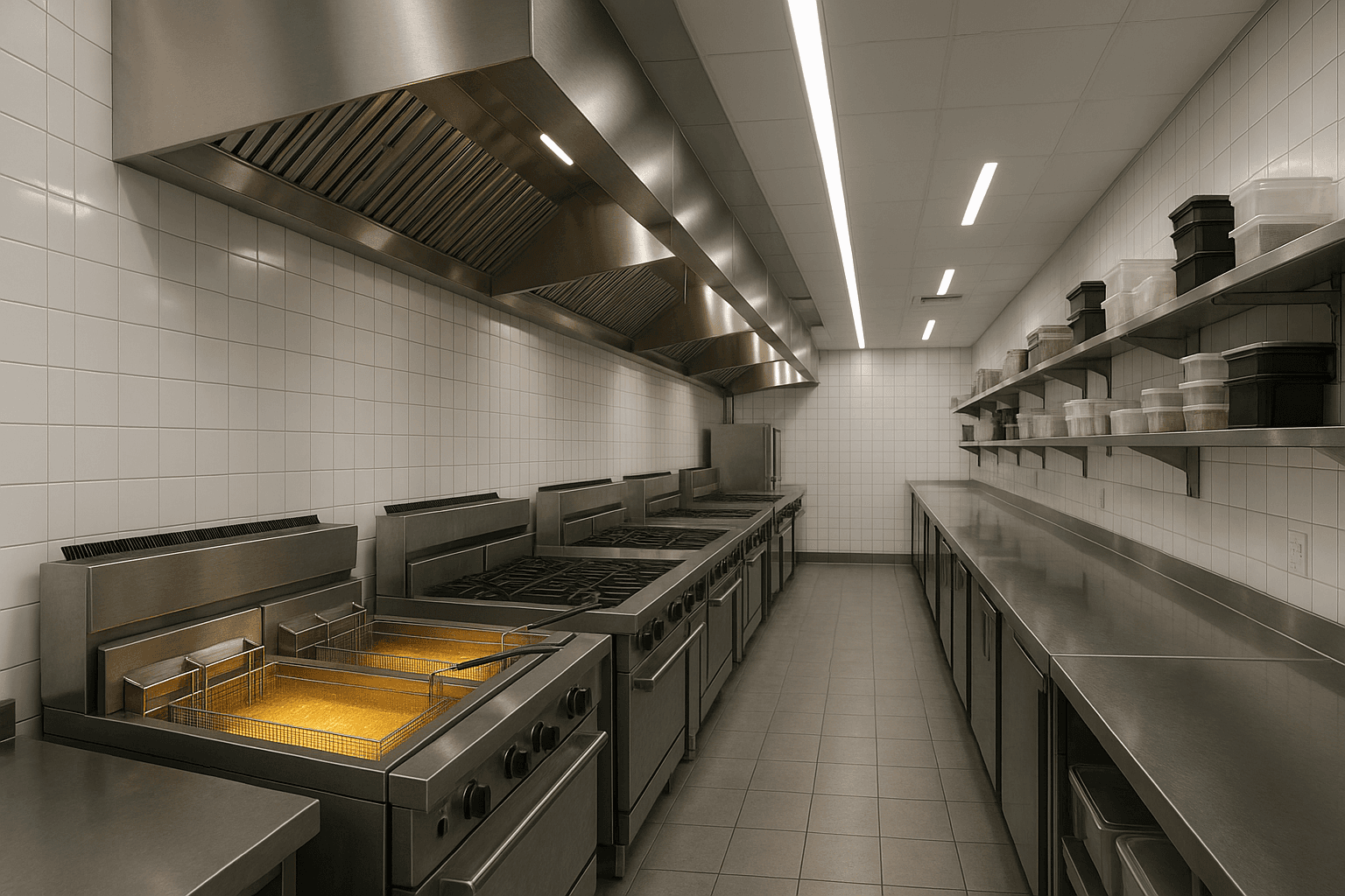 Modern commercial ghost kitchen with multiple deep fryer stations and professional ventilation