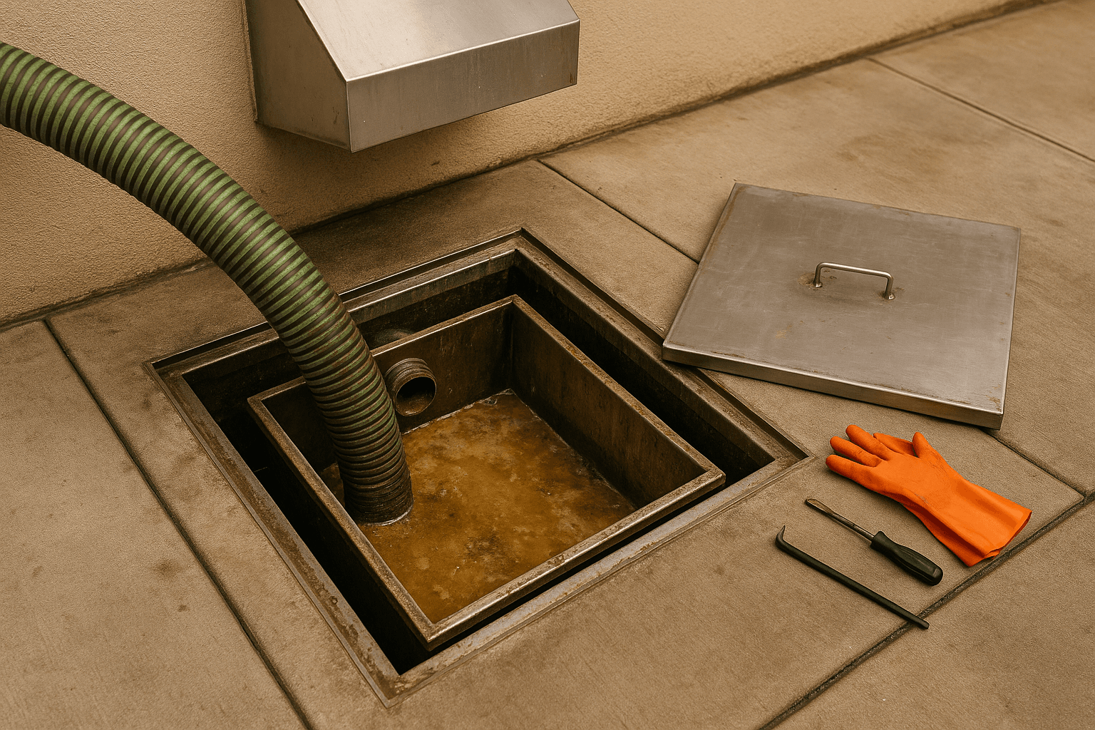 Commercial grease trap being professionally cleaned with industrial vacuum equipment