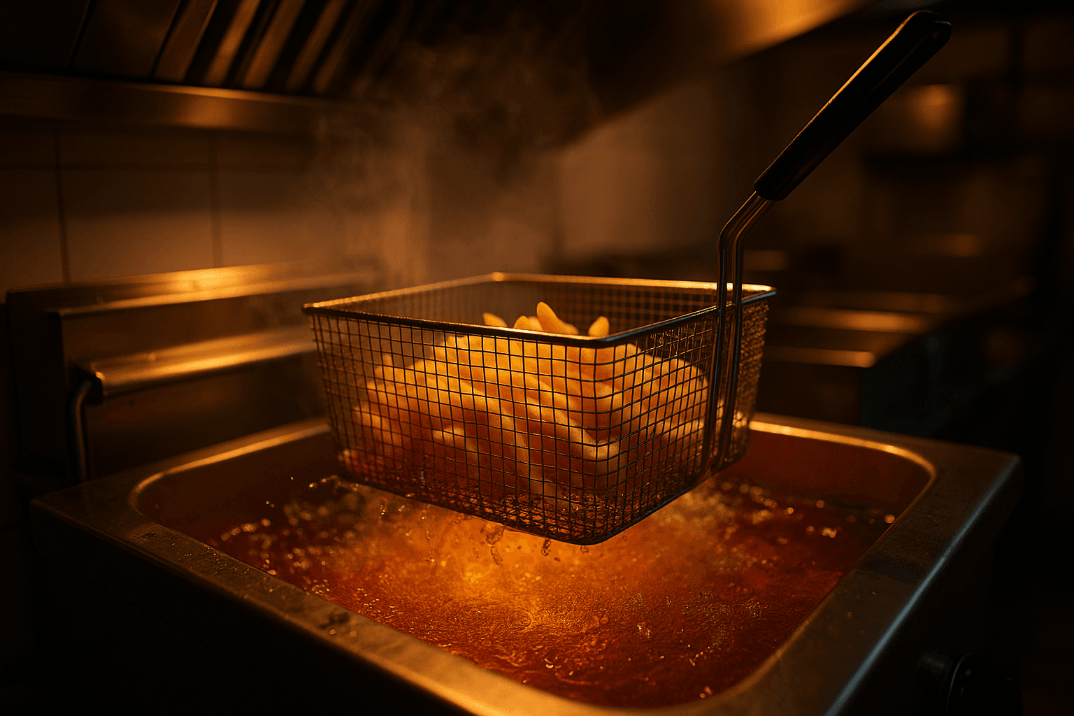 Commercial deep fryer basket with french fries being lowered into bubbling golden oil in a professional kitchen