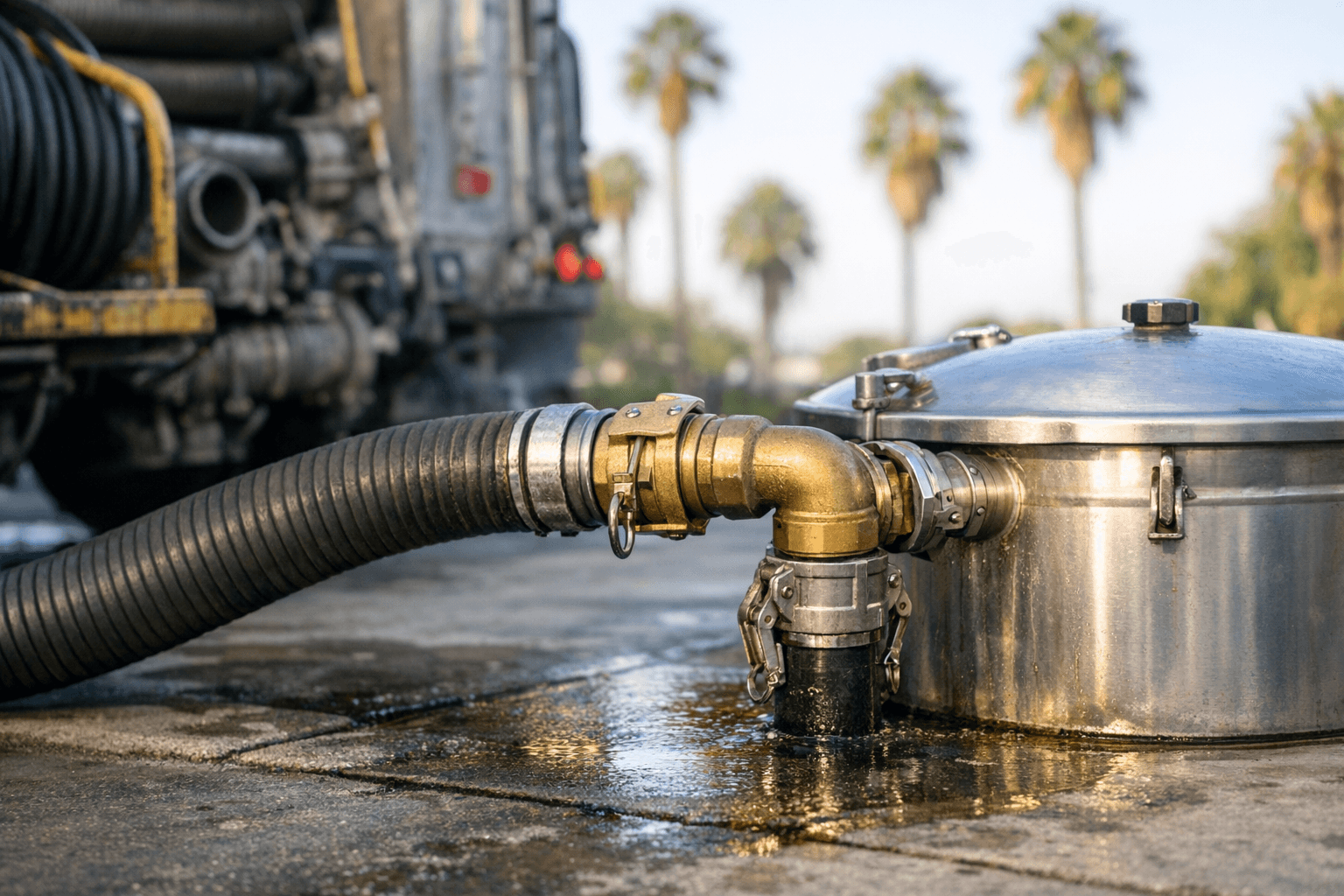 Professional cooking oil disposal pump truck hose connected to sealed collection container with California landscape in background